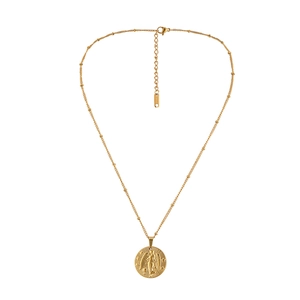 Golden stainless steel necklace featuring a round coin pendant with zodiac relief and bead chain