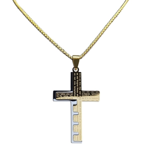 Men's two-tone gold and black stainless steel cross necklace with Lord's Prayer engraving