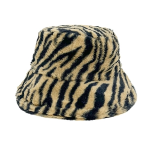 Plush faux rabbit fur bucket hat featuring a stylish khaki and black tiger print pattern