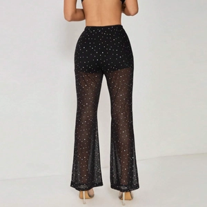 Sexy black sheer mesh flare pants with sparkling sequins and slim fit bohemian style
