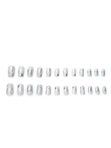 Detailed set of 24 pink short square press-on nails with silver butterfly and flower motifs
