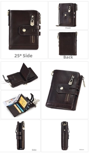 Detailed views of dark brown genuine leather wallet showing card slots and zipper pocket