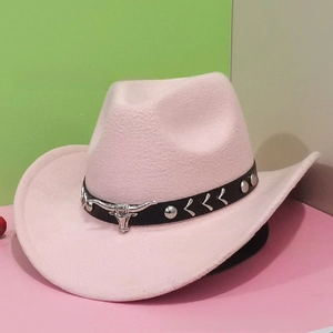 Pink wool felt cowboy hat detail with black faux leather band and silver bull head metal buckle