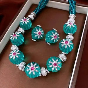 Collier Et Boucles D'Oreilles Vintage Fleur Résine Citrouille Perles Strass Avec Tige En Argent Style Bohême Femmes