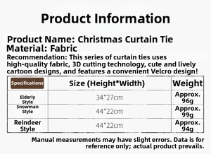 Size and weight specifications for Christmas curtain buckles featuring Santa and Snowman