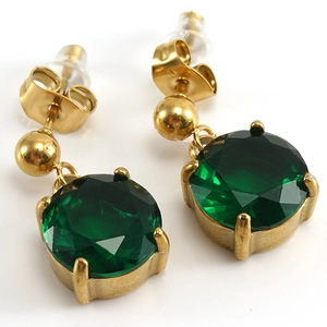 Elegant gold titanium steel drop earrings featuring round emerald green cubic zirconia