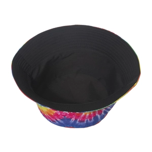 Detail shot of multi-color tie-dye bucket hat with black lining and reinforced stitching
