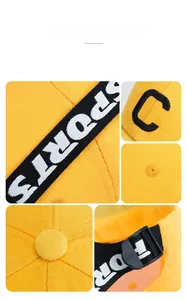 Dettaglio cappellino giallo con ricamo della lettera C nera e nastro decorativo sport