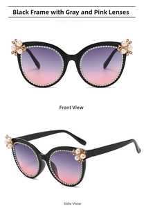 Detail of cat-eye sunglasses with pearl flower accents and sparkling rhinestones