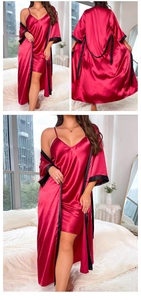 Detail of plus size dark red satin nightgown and robe set with black contrast trim
