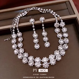 Luxury rhinestone floral necklace and drop earrings set for women in silver finish