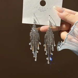 Elegant long silver tassel earrings with sparkling rhinestones and s925 silver posts
