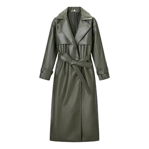 Classic green faux leather trench coat for women featuring a belted waist and lapel collar