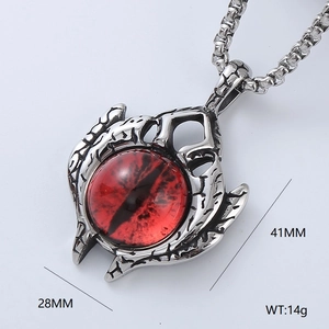 Gothic evil eye pendant in stainless steel with red eyeball and silver texture details