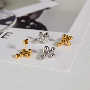 Retro stainless steel cross stud earrings with metal beads in gold and silver finish