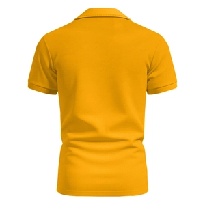 Rear view detail of a men's yellow short sleeve polo shirt in breathable pique cotton fabric