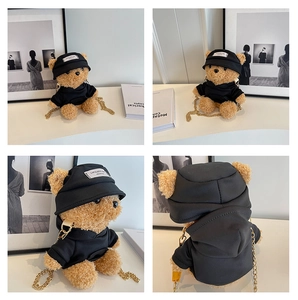 Detailed views of a teddy bear plush crossbody bag with black hoodie and metal chain