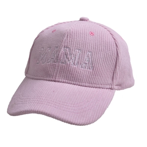 Close-up of pink corduroy baseball cap with MAMA 3D embroidery detail and ribbed texture