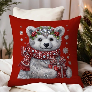 Detail view of red Christmas pillow case featuring polar bear and festive gift pattern