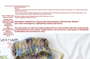 Detail view of woven rex rabbit fur neck warmer with dimensions and elastic mesh texture