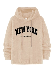 Detail of New York Cheerful print on beige fleece hoodie with drawstring hood texture
