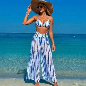 Three-piece blue tie-dye bikini set with matching beach wide-leg cover-up trousers