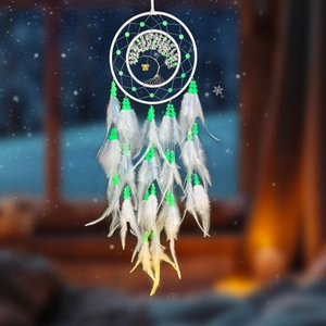 Luminous beads dream catcher with white feathers and tree of life pattern decor