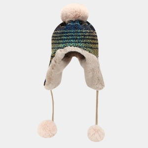 Winter Trapper Hat Knitted Faux Fur Lined Thermal Ear Flaps Pom Pom Warm Windproof Aviator Cap Outdoor Retro For Adults