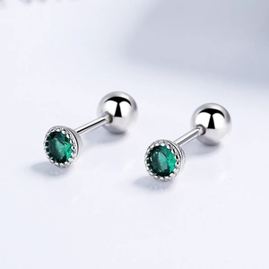 Pair of silver round green zircon screw-back earrings with threaded spherical backings
