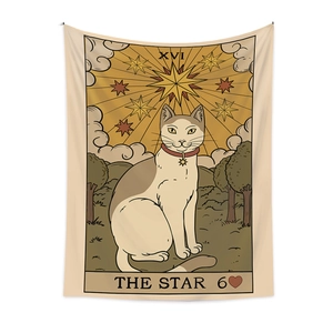 Bohemian tarot cat tapestry featuring The Star design for bedroom aesthetic wall hanging decor