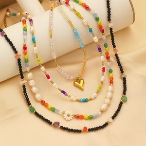 Bohemian Colorful Beaded Necklace For Women Titanium Steel Daisy Heart Pendant Artificial Pearl Choker Vintage Ethnic Jewelry