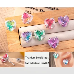 Heart Zirconia Earrings Titanium Steel Gradient Double Color Screw Back Piercing Jewelry For Women Sweet Style