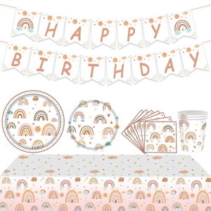 Bohemian rainbow party set with Happy Birthday banner, plates, cups and tablecloth