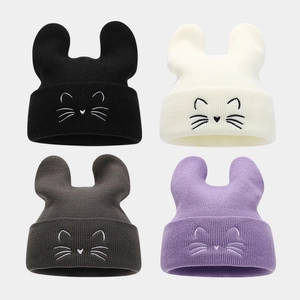 Cute Cat Ear Knit Beanie Hat Acrylic Embroidery Winter Warm Outdoor Casual Style For Women Girls