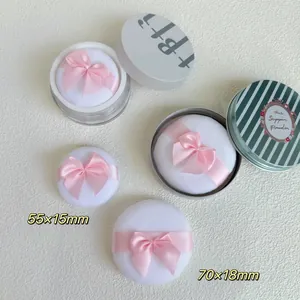 Soft Crystal Velvet Makeup Powder Puff Round Dry Setting Powder Sponge With Pink Ribbon Bow For Daily Beauty