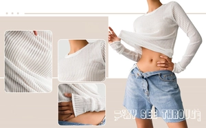 Detail of white see-through ribbed knit top with long sleeves and crew neck texture