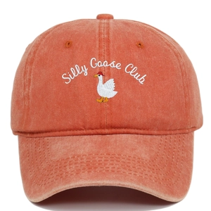 Close-up of Silly Goose Club embroidery on washed cotton vintage baseball cap