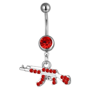 Silver belly button ring with red gemstone and AK-47 rifle shaped pendant