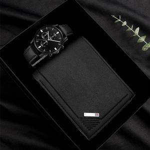 Men's chronograph watch and leather wallet set in a black premium gift box