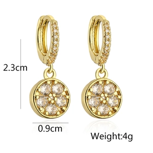 Detail view of gold zircon hoop earrings showing dimensions 2.3cm height and 0.9cm width