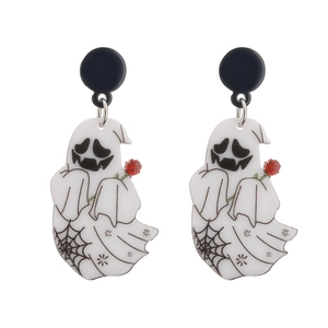 Acrylic Halloween ghost earrings with red rose and spider web pattern on white background