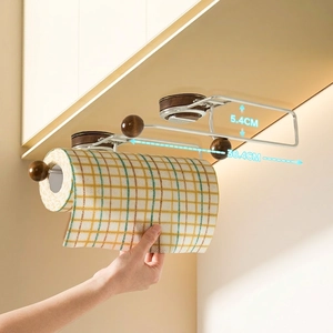 Under-cabinet kitchen paper roll holder in silver metal with elegant wooden accent ball
