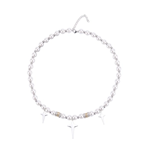 Hip-hop pearl necklace with silver metal cross pendants and adjustable lobster clasp