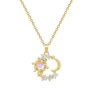 Titanium steel necklace with sun moon pendant and pink gemstone on white background