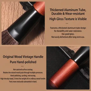 Portable 8-piece makeup brush set with dark brown wood handle and glossy black aluminum tube