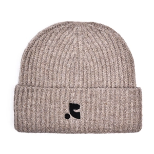 Close-up of the ribbed knit texture and black embroidered logo on a brown wool beanie