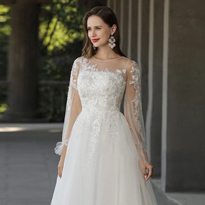 Robe De Mariée Blanche Élégante Broderie Dentelle Manches Longues Tulle Robe De Mariée Cérémonie Formelle Femmes