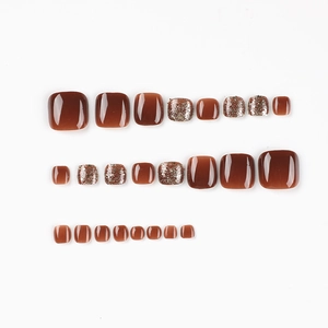 Brown jelly press on toe nails with silver glitter sequins 24pcs kit for women