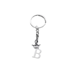 Polished silver stainless steel crown letter B keychain pendant on white background