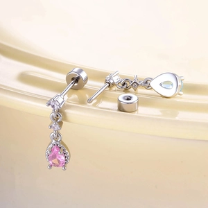 Silver micro-set zircon teardrop stud earrings with pink and blue gemstones